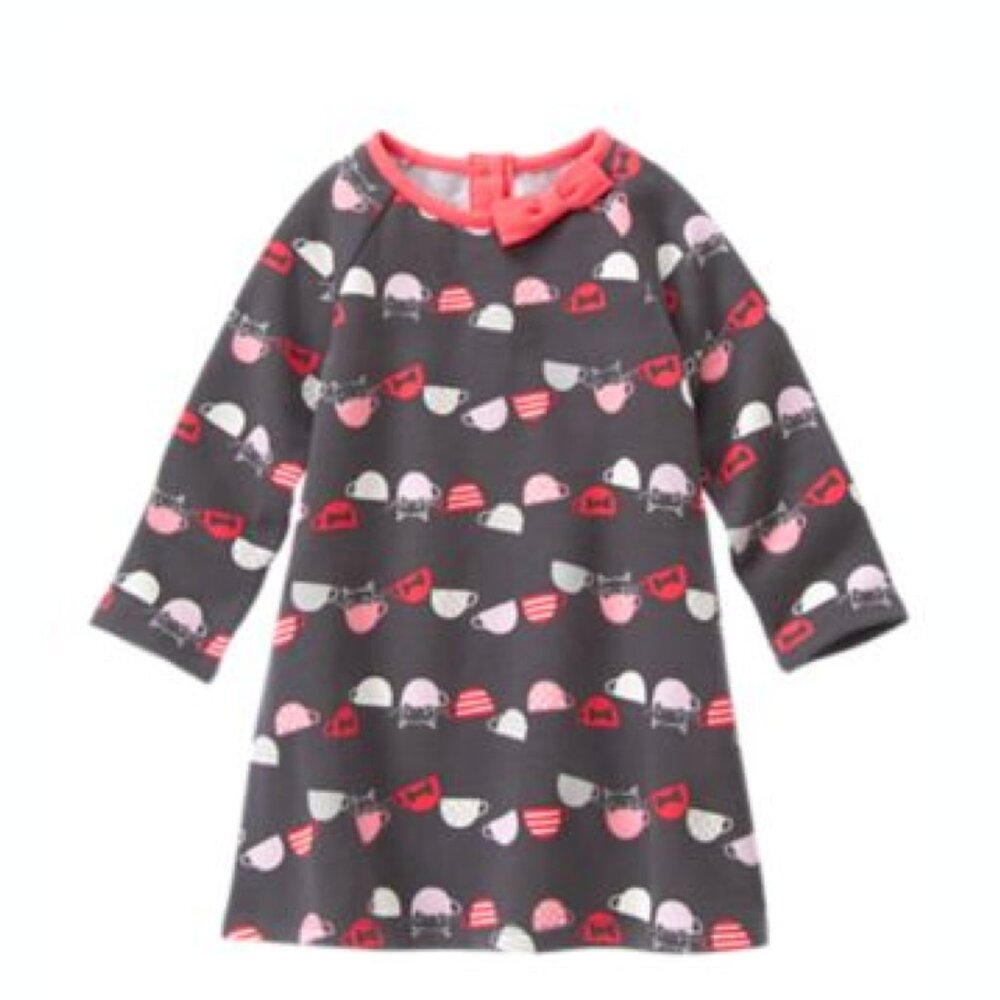 Gymboree Baby Toddler Girls Kitty Cat Tea Cup Long Sleeve Fleece Dress 12-18 mon